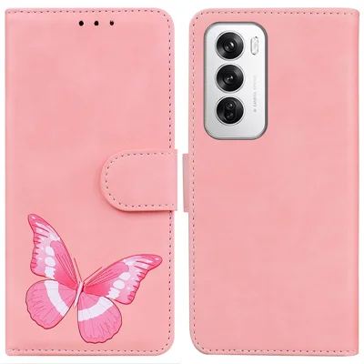 For Oppo Reno12 5G (Global) Case Butterfly Printed PU Leather Stand Phone Cover - Pink