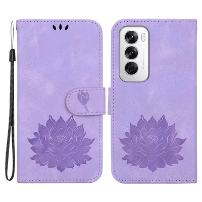 For Oppo Reno12 5G (Global) Wallet Case Lotus Imprint Leather Stand Phone Cover - Purple