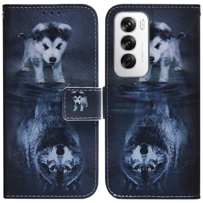 For Oppo Reno12 5G (Global) Case Pattern Print Leather Wallet Phone Cover - Dog and Wolf