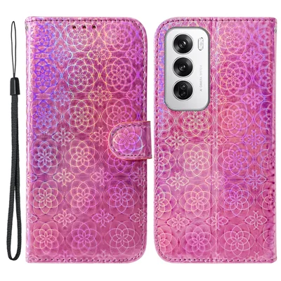 For Oppo Reno12 5G (Global) Case Dazzling Flower Leather Phone Cover with Stand - Pink