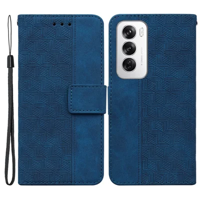 For Oppo Reno12 5G (Global) Wallet Phone Case Geometry Pattern Leather Flip Cover - Blue