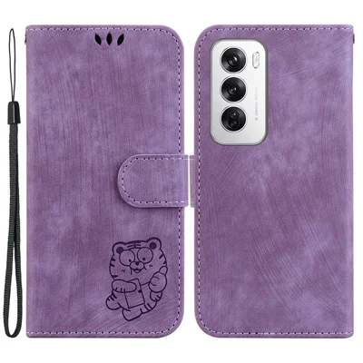 For Oppo Reno12 5G (Global) Case Cute Tiger Imprint Leather Wallet Phone Cover - Purple