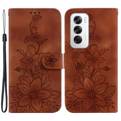 Futera z kwiatem lilii dla Oppo Reno12 5G (Global) Skórzana etui z funkcją podpórki - Brązowe