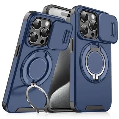 For iPhone 15 Pro Case Kickstand TPU+PC Magnetic Phone Case with Camera Lens Slide Cover - Blue