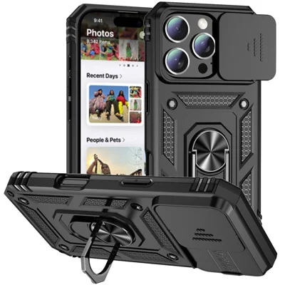 Obudowa na iPhone 16 Pro Max z pierścieniem uchwytu, przesuwaną osłoną aparatu, podstawką obrotową PC+TPU - Czarny