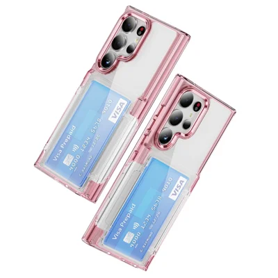 For Samsung Galaxy S24 Ultra Case Anti-Scratch TPU + Acrylic Phone Cover Card Holder - Transparent Pink