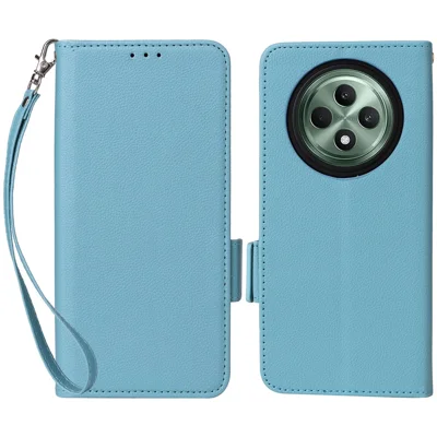 For Oppo Reno12 F 5G / Oppo F27 5G Case with Wrist Strap Litchi Texture PU Leather Wallet Phone Cover - Baby Blue