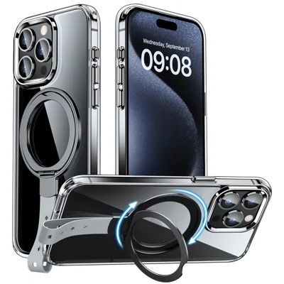 For iPhone 15 Pro Max Case Magnetic Kickstand Anti-Drop Clear PC Phone Cover - Transparent Black / Grey Rope