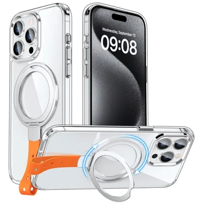 Voor iPhone 15 Pro hoesje Magnetisch Transparant PC Hard Cover met Draaibare Ringstandaard - Transparant Zilver / Oranje Koord