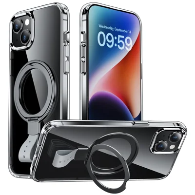 Voor iPhone 14 Hoesje Compatibel met MagSafe Harde PC Duidelijke Telefoonhoes Ringhouder - Transparant Zwart / Grijs Touw