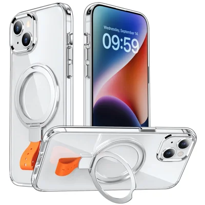 For iPhone 14 Case Compatible with MagSafe Hard PC Clear Phone Cover Ring Holder  - Transparent Silver / Orange Rope