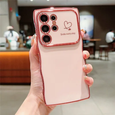 For Samsung Galaxy S24 Ultra Case Wave Frame with Love Heart Raised Camera Protection TPU Cover - Rose Pink