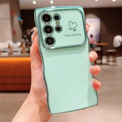 For Samsung Galaxy S23 Ultra Case Wave Frame with Love Heart Raised Camera Protection TPU Cover - Green