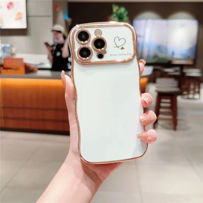 For iPhone 15 Pro Max Case Wave Frame with Love Heart Raised Camera Protection TPU Cover - Ivory White