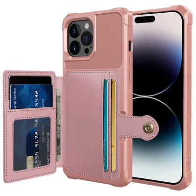 ZM03 for iPhone 14 Pro Shockproof Phone Case Kickstand Card Holder Phone Back Cover with Magnetic Metal Sheet - Pink