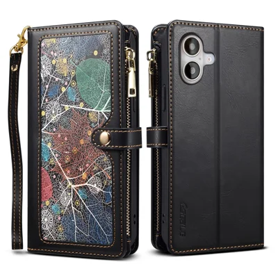 ESEBLE Galaxy-serie til iPhone 16 Plus Case RFID-blokerende mapper i læder med lynlås - Sort