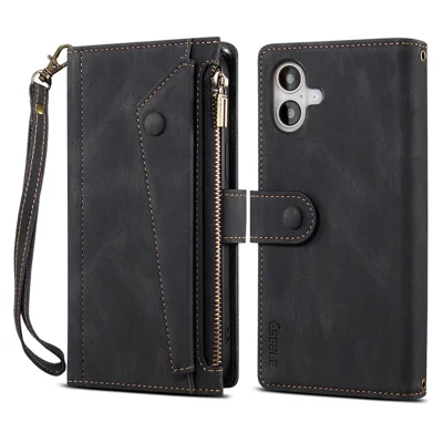 ESEBLE Star Series For iPhone 16 Plus Case Zipper Wallet Leather Stand Phone Cover - Black