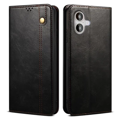 For iPhone 16 Case Crazy Horse Texture Waxy Leather Wallet Stand Cover - Zwart