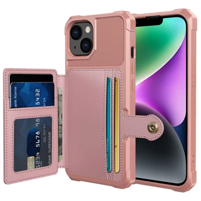 ZM03 para iPhone 14 Funda Protectora Anticaídas con Soporte y Portacartas, Protección Contra Arañazos con Lámina Metálica Magnética - Rosa