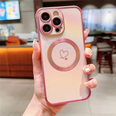 For iPhone 15 Pro Max Magnetic Case TPU Love Heart Pattern Gradient Phone Cover - Colorful Pink