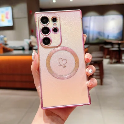 For Samsung Galaxy S24 Ultra Magnetic Case Side Love Heart Iridescent TPU Phone Cover Electroplating  - Colorful Pink