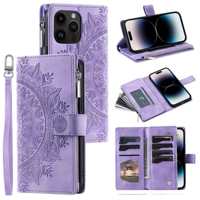 006 For iPhone 16 Pro Case Mandala Flower Zipper Pocket Leather Phone Cover - Purple