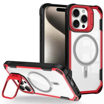 For iPhone 14 Pro Max Case PC+TPU+Acrylic Back Cover with Lens Kickstand Compatible with MagSafe - Red