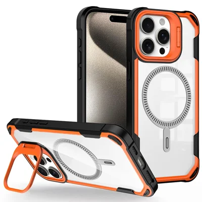 For iPhone 16 Pro Max Case PC+TPU+Acrylic Back Cover with Lens Kickstand Compatible with MagSafe - Orange