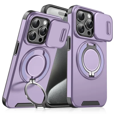 For iPhone 14 Pro Max Magnetic Case Kickstand TPU+PC Phone Case with Camera Lens Slide Lid - Purple