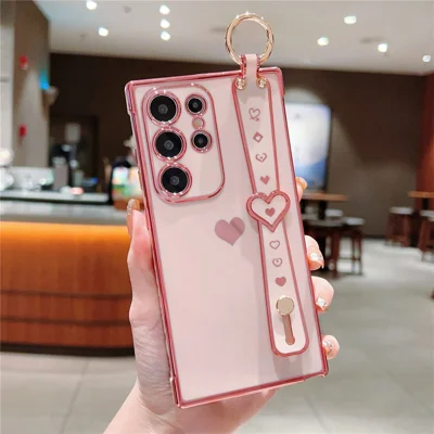 For Samsung Galaxy S22 Ultra 5G Case Love Heart Pattern TPU Phone Cover Wristband Finger Holder - Pink