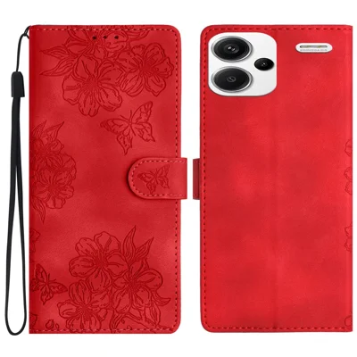For Xiaomi Redmi Note 13 Pro+ 5G Case PU Leather Butterfly Flower Pattern Anti-scratch Phone Cover - Red