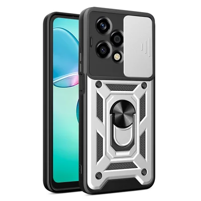 For Honor 200 Lite Case PC+TPU Kickstand Phone Shell with Slide Camera Lid - Silver