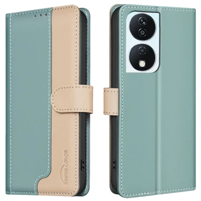 BINFEN COLOR BF33 For Honor 90 Smart / X7b 4G Case Splicing Color Leather Phone Cover - Green