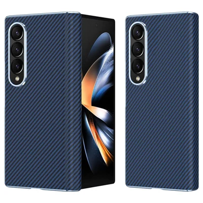 For Samsung Galaxy Z Fold4 5G Case Carbon Fiber Texture Leather Hard PC Phone Cover - Blue