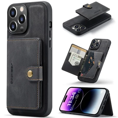 JEEHOOD J01 For iPhone 14 Pro Max Case 2 in 1 Leather+TPU Phone Cover Removable Card Holder - Black