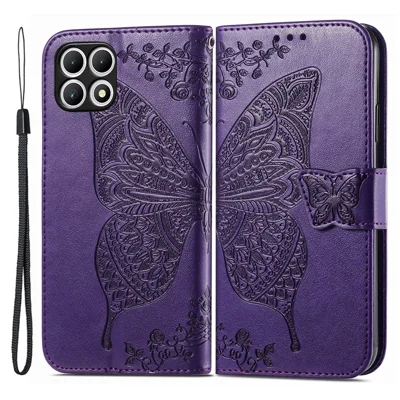For T-Mobile REVVL 7 Case Butterfly Flower Leather Phone Cover Stand Credit Card Holder - Dark Purple