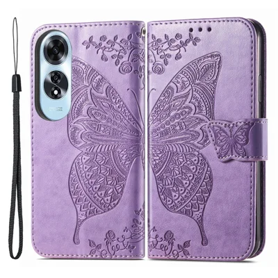 For Oppo A60 4G Case Butterfly Imprinted PU Leather Stand Wrist Strap Purse Phone Cover - Light Purple