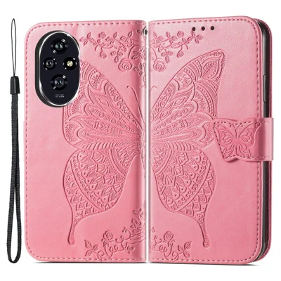 For Honor 200 5G Case Butterfly PU Leather Phone Cover Card Slots Stand Flip - Pink