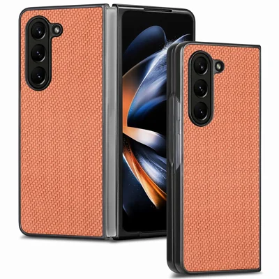 For Samsung Galaxy Z Fold6 5G Case Carbon Fiber Texture Leather Back Cover Anti-Slip - Brown