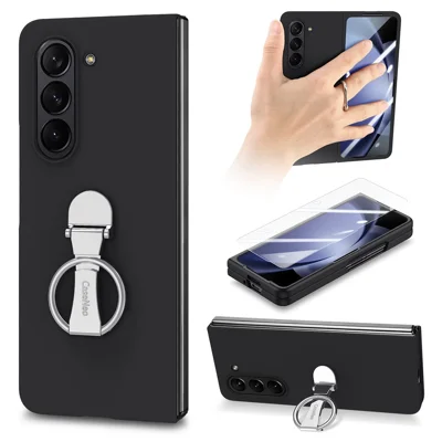 For Samsung Galaxy Z Fold6 5G Case Ring Holder PC Phone Cover with Tempered Glass Film - Black