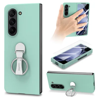 For Samsung Galaxy Z Fold6 5G Case Ring Holder PC Phone Cover with Tempered Glass Film - Light Green