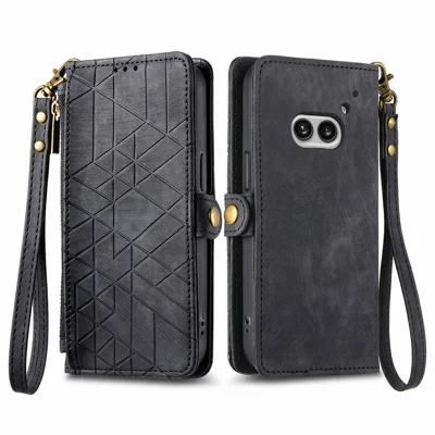 For Nothing Phone (2a) Plus / Phone (2a) Zipper Wallet Case Geometry Lines Leather Phone Cover with Strap - Black