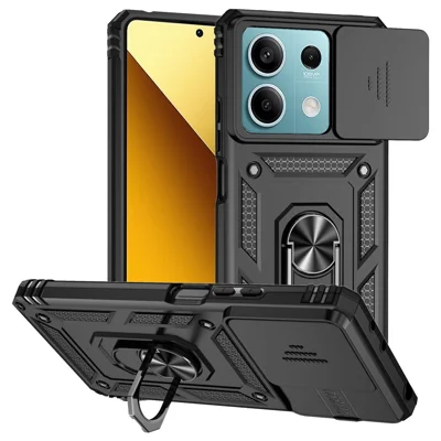 For Xiaomi Redmi Note 13 5G Case Car Mount Kickstand PC + TPU Phone Cover Slide Lens Protection - Black