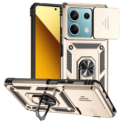 For Xiaomi Redmi Note 13 5G Case Car Mount Kickstand PC + TPU Phone Cover Slide Lens Protection - Gold