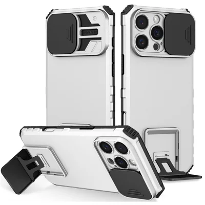 For iPhone 16 Pro Max Case Camera Slider PC + TPU Phone Cover with Kickstand - White