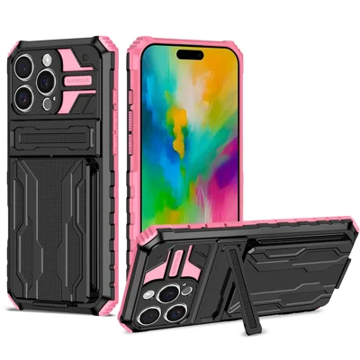 For iPhone 16 Pro Max Case with Card Holder PC + TPU Phone Back Cover Kickstand - Pink
