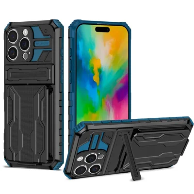 For iPhone 16 Pro Case with Card Holder PC + TPU Phone Back Cover Kickstand - Blue