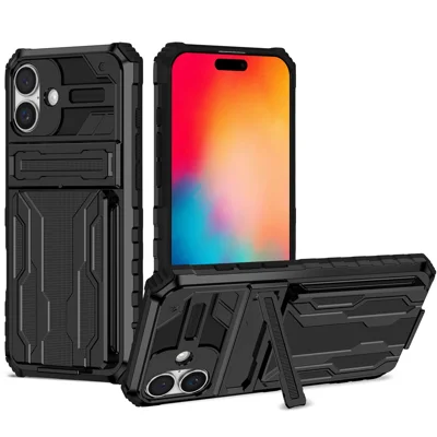 For iPhone 16 Plus Case with Card Holder PC + TPU Phone Back Cover Kickstand - Black