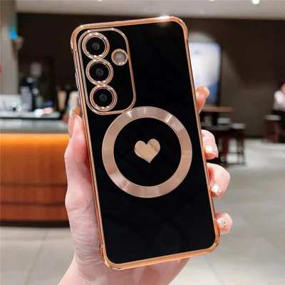 For Samsung Galaxy S23 FE Magnetic Case Soft TPU Phone Cover Side Love Heart Electroplating Edge - Black