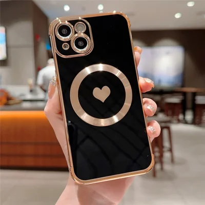 For iPhone 13 Magnetic Case Love Heart Pattern TPU Anti-Scratch Phone Cover Electroplating Edge - Black